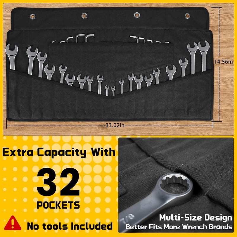 lelezone Wrench Roll 32 Pockets, Heavy-Duty 16 oz. Waxed Canvas Wrench Roll Up Bag Holds Wrench Wrap for Metric and SAE Wrenches, Wrench Pouch with Buckles and Handle, Sturdy Wrench Tool roll (Black) - Image 2